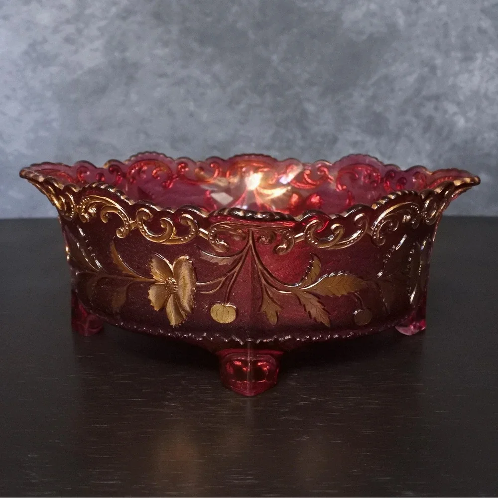 Antique Victorian US Glass Cranberry Flash Gold Floral Embossed Footed Bowl